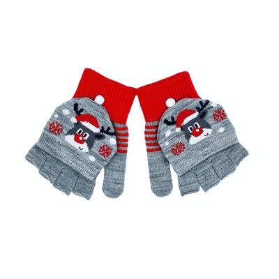 Kid's Christmas mittens/half gloves "Grey with Rudolph"