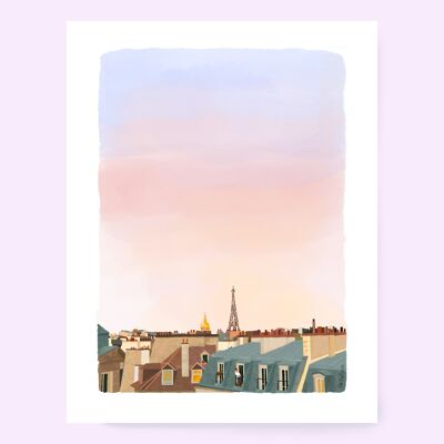 Paris poster Eiffel Tower, Parisian roofs watercolor A4 format