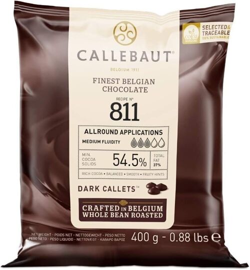 CALLEBAUT - CHOCOLAT NOIR- 54,5% CACAO - FINEST BELGIAN CHOCOLATE N° 811 - 400G - PISTOLES