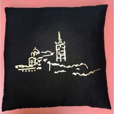 CUSHION in black and gold linen