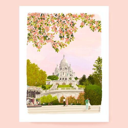 Affiche Rendez-vous au Sacré Coeur, monument Paris, cerisiers en fleurs A4