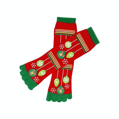 Weihnachtssocken mit Zehen „Rot mit Weihnachtsornamenten“