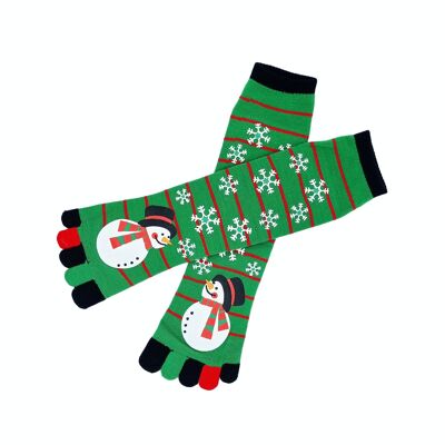 Weihnachtssocken mit Zehen „Grün mit Schneemann“