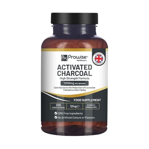 Activated Charcoal Capsules - 200 High Strength Vegan Capsules- 1200mg per serving – Made from Natural Coconut shells to Reduce Flatulence, Bloating & Indigestion I Made in the UK by Prowise Healthcare