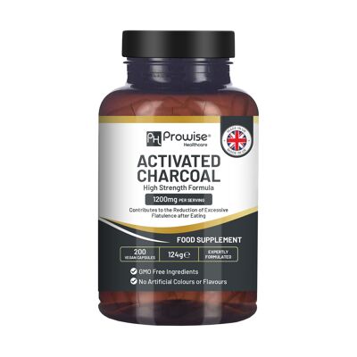 Activated Charcoal Capsules - 200 High Strength Vegan Capsules- 1200mg per serving – Made from Natural Coconut shells to Reduce Flatulence, Bloating & Indigestion I Made in the UK by Prowise Healthcare