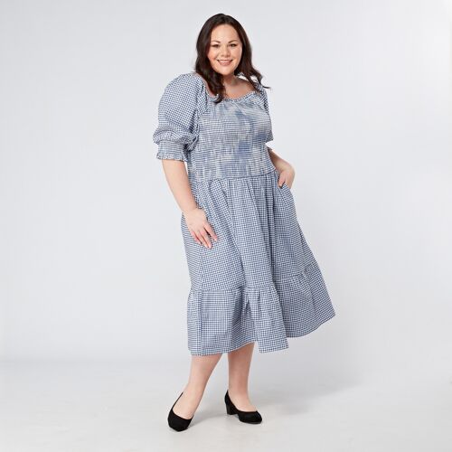 'Meadow' Blue Gingham Shirred Cottagecore Plus Size Midi Dress | Sizes 16 18 20 22 24 26