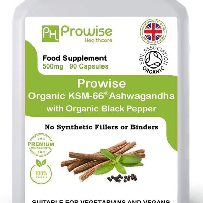 KSM-66 Ashwagandha Au Poivre Noir Bio 500mg 90 Gélules | Supplément 100% naturel Ashwagandha KSM-66 certifié | Formule Ayurvédique | Convient aux végétariens et végétaliens | Fabriqué au Royaume-Uni par Prowise
