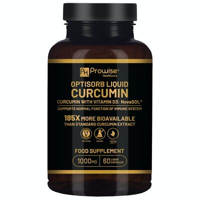 Optisorb Curcumine Liquide avec Vitamine D - 60 Liqcaps | 185x biodisponibilité du curcuma et de la curcumine - Ultra biodisponible | Capsules liquides avec 500 mg de NovaSOL® par capsule | Fabriqué au Royaume-Uni par Prowise