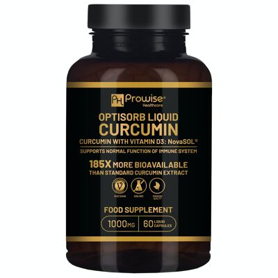 Optisorb Liquid Curcumin mit Vitamin D - 60 Liqcaps | 185x Kurkuma & Curcumin Bioverfügbarkeit - Ultra bioverfügbar | Flüssigkapseln mit 500mg NovaSOL® pro Kapsel | Hergestellt in Großbritannien von Prowise
