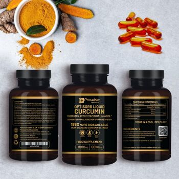 Optisorb Curcumine Liquide avec Vitamine D - 60 Liqcaps | 185x biodisponibilité du curcuma et de la curcumine - Ultra biodisponible | Capsules liquides avec 500 mg de NovaSOL® par capsule | Fabriqué au Royaume-Uni par Prowise 3