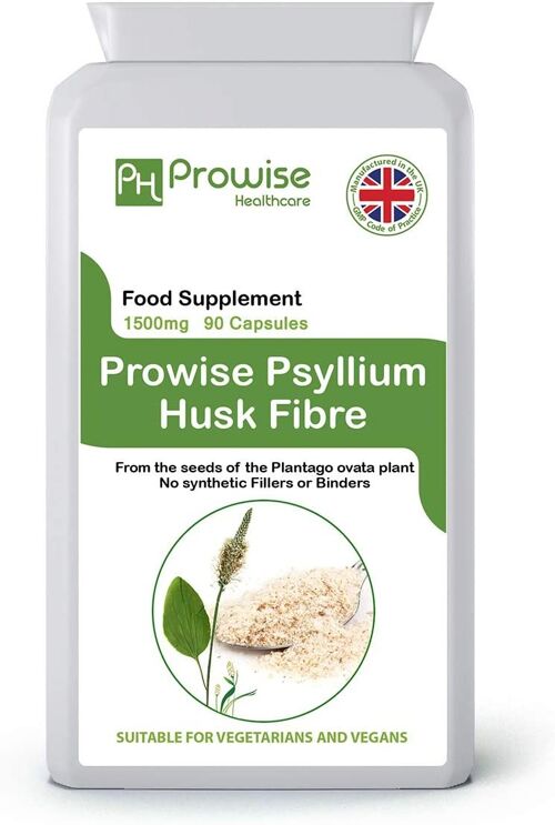Psyllium Husks 1500mg x 90 Capsules - Natural Dietary Fibre for Colon Cleansing & Bowel Health | Suitable for Vegetarians & Vegans | Made In UK by Prowise