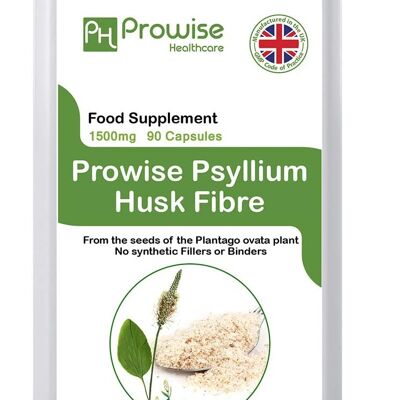 Cáscaras de psyllium 1500 mg x 90 cápsulas - Fibra dietética natural para la limpieza del colon y la salud intestinal | Apto para vegetarianos y veganos | Fabricado en Reino Unido por Prowise