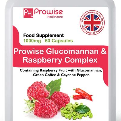 Formulación avanzada de complejo de glucomanano y frambuesa 1000 mg - 60 cápsulas | Apto para vegetarianos y veganos | Fabricado en Reino Unido por Prowise