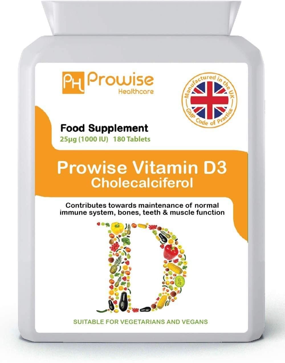Vitamin D3 25µg (1000iu Cholecalciferol from Lichen) 180 Tablets | Support Immune System and Bone Health | Suitable for Vegetarians & Vegans | Made In UK by Prowise