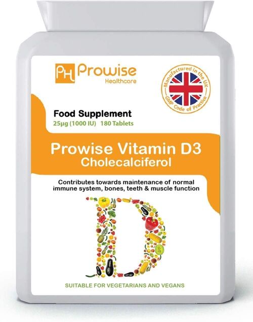Vitamin D3 25µg (1000iu Cholecalciferol from Lichen) 180 Tablets | Support Immune System and Bone Health | Suitable for Vegetarians & Vegans | Made In UK by Prowise