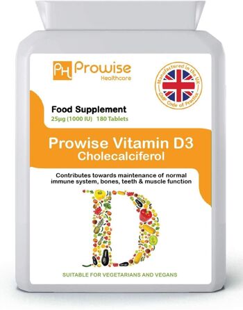 Vitamine D3 25µg (1000iu Cholécalciférol de Lichen) 180 Comprimés | Soutenir le système immunitaire et la santé des os | Convient aux végétariens et végétaliens | Fabriqué au Royaume-Uni par Prowise 1