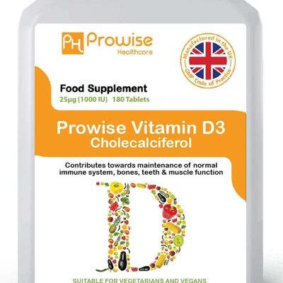 Vitamina D3 25 µg (1000 UI de colecalciferol de liquen) 180 tabletas | Apoyar el sistema inmunológico y la salud ósea | Apto para vegetarianos y veganos | Fabricado en Reino Unido por Prowise