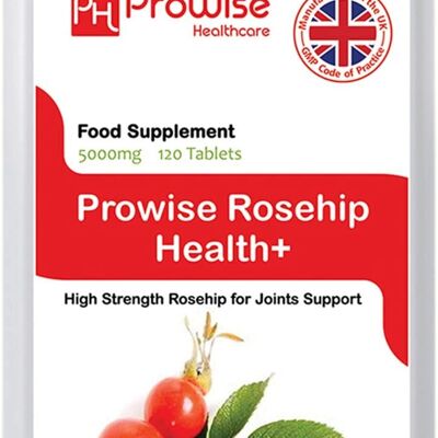 Rosa Mosqueta Salud + 5000mg 120 Comprimidos | Suplementos de tabletas de rosa mosqueta de alta resistencia | Apto para vegetarianos y veganos | Fabricado en Reino Unido por Prowise