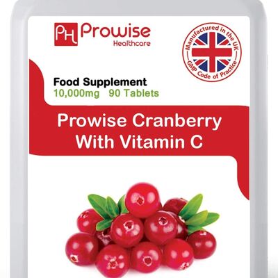 Cranberry doppelte Stärke 10.000 mg 90 Tabletten mit zusätzlichem Vitamin C - hochwirksames tägliches Nahrungsergänzungsmittel | Geeignet für Vegetarier & Veganer | Von Prowise Healthcare