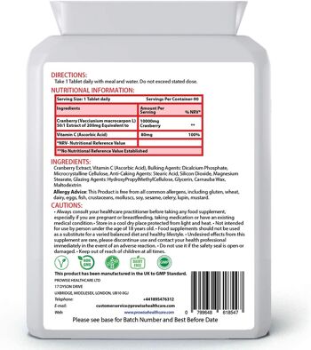 Canneberge Double Force 10 000 mg 90 Comprimés Avec Vitamine C Ajoutée - Supplément Quotidien Haute Force | Convient aux végétariens et végétaliens | Par Prowise Santé 2