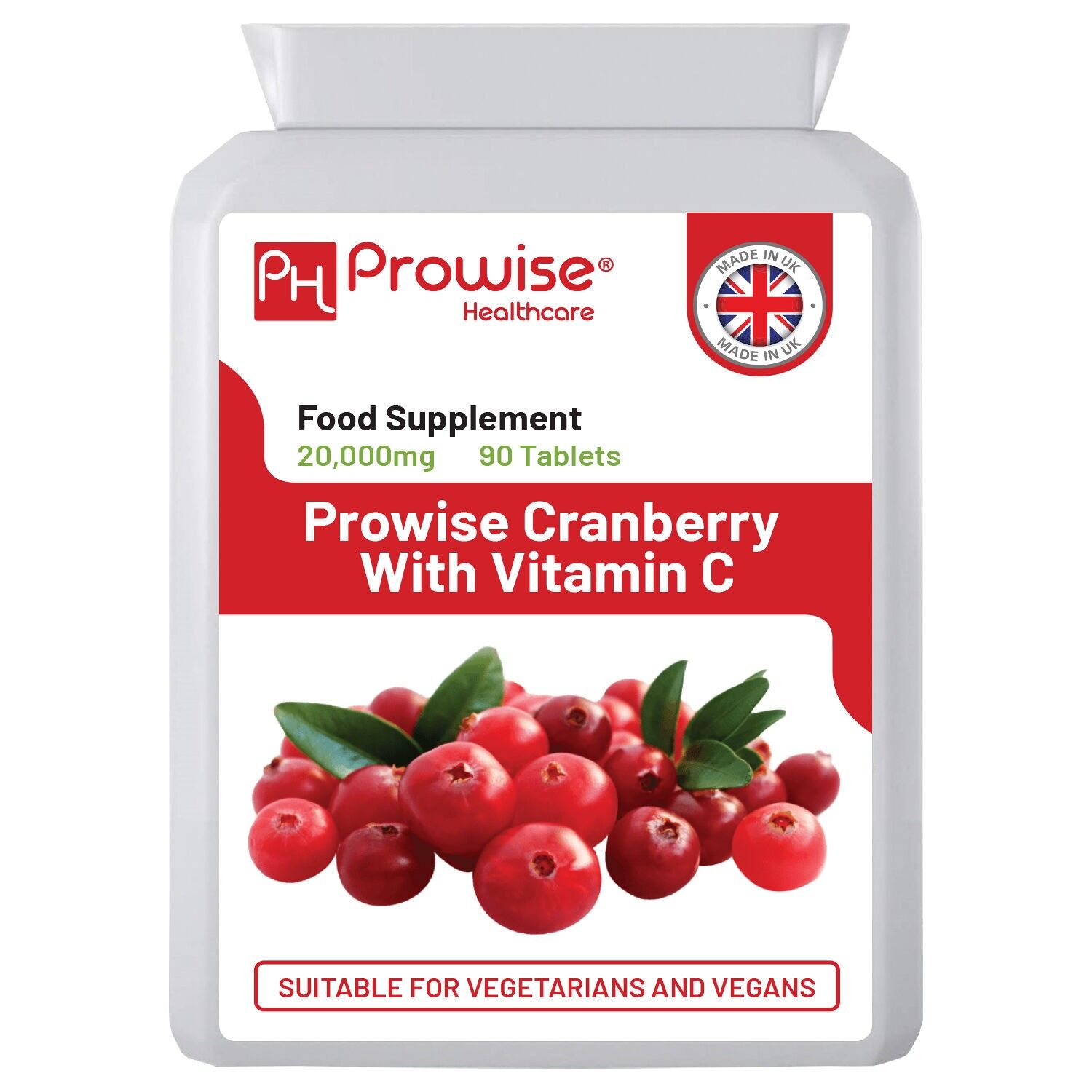 Double Strength Cranberry 20,000mg Added with Vitamin C - 90 Vegan Tablets I Easy to Swallow Tablets | GMO Free Ingredients I Made in UK by Prowise Healthcare