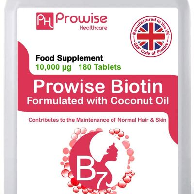 Biotina formulada con aceite de coco 10,000 mcg 180 tabletas | Apto para vegetarianos y veganos | Hecho en el Reino Unido