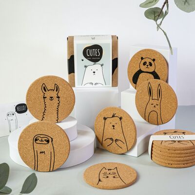 Animales lindos - Posavasos de corcho, juego de 6, con caja