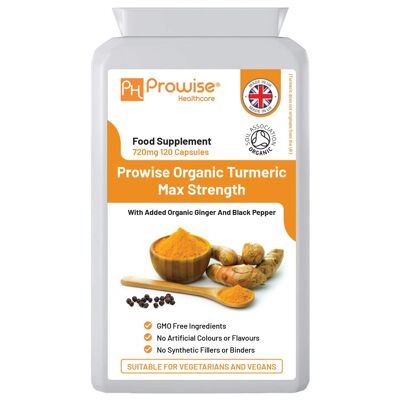 Curcumine de curcuma biologique 720 mg - 120 gélules | Capsules de curcuma biologique et de poivre noir haute résistance | Suppléments végétaliens et végétariens de curcuma | Certifié biologique par Soil Association par Prowise