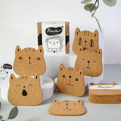 Meaow Cute Cats - Sottobicchieri in sughero, set da 6, con scatola