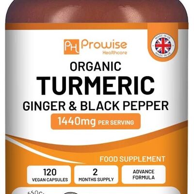 Organic Turmeric Curcumin 1440mg with Black Pepper & Ginger | Certified Organic by Soil Association |120 Capsules High Strength (2 Month Supply) | Suitable For Vegetarians & Vegans | Made In UK