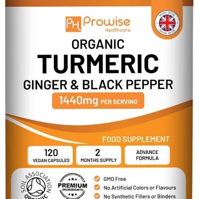 Organic Turmeric Curcumin 1440mg with Black Pepper & Ginger | Certified Organic by Soil Association |120 Capsules High Strength (2 Month Supply) | Suitable For Vegetarians & Vegans | Made In UK