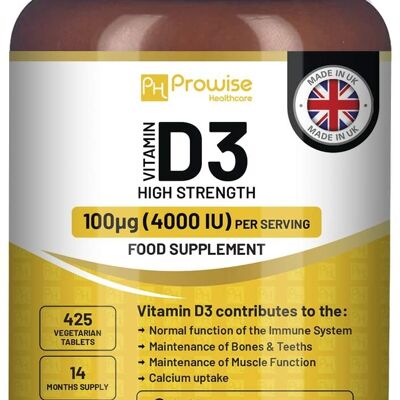 Vitamine D3 4000IU haute résistance I 425 comprimés végétariens (approvisionnement de 14 mois) I Supplément de vitamine D3 facile à avaler pour le soutien immunitaire, l'augmentation du calcium, les os et les muscles I Fabriqué au Royaume-Uni par Prowise