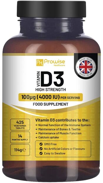 Vitamine D3 4000IU haute résistance I 425 comprimés végétariens (approvisionnement de 14 mois) I Supplément de vitamine D3 facile à avaler pour le soutien immunitaire, l'augmentation du calcium, les os et les muscles I Fabriqué au Royaume-Uni par Prowise 1