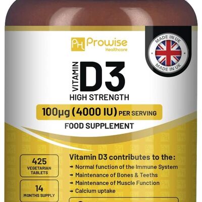 Vitamin D3 4000 IE hochdosiert I 425 Vegetarische Tabletten (14 Monatspackungen) I Vitamin D3-Ergänzung leicht zu schlucken zur Unterstützung des Immunsystems, Kalziumschub, Knochen & Muskulatur I Hergestellt in Großbritannien von Prowise
