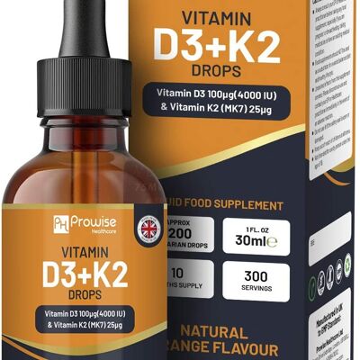 Vitamina D3 4000iu + K2 MK7 25µg I Gotas líquidas de naranja I Botella de 30 ml | Apto para vegetarianos | Fabricado en Reino Unido por Prowise