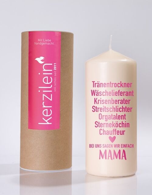 Flamme, pink "MAMA Tränentrockner", Stumpenkerze groß 18,5 x 7,8 cm