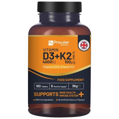 Vitamine D3 4000IU & K2 MK7 100µg 180 (6 mois d'approvisionnement) I Supplément facile à avaler pour le soutien immunitaire, l'augmentation du calcium, les os et les muscles | Convient aux végétariens | Fabriqué au Royaume-Uni par Prowise