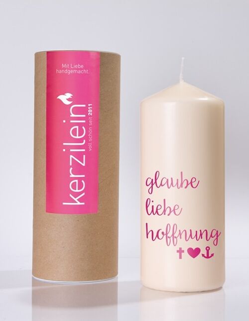 Flamme, pink, GLAUBE LIEBE HOFFNUNG (Hochzeit), Stumpenkerze groß 18,5 x 7,8 cm