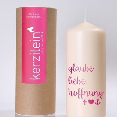Flamme, pink, GLAUBE LIEBE HOFFNUNG (Hochzeit), Stumpenkerze groß 18,5 x 7,8 cm