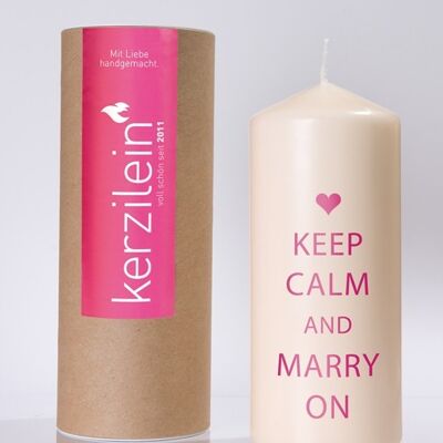 Flamme, pink, KEEP CALM AND MARRY ON, Stumpenkerze groß 18,5 x 7,8 cm