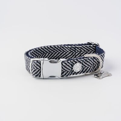 Tweed Metal Buckle Dog Collar - Navy Herringbone