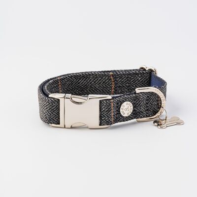 Tweed Metal Buckle Dog Collar - Grey Checked Herringbone