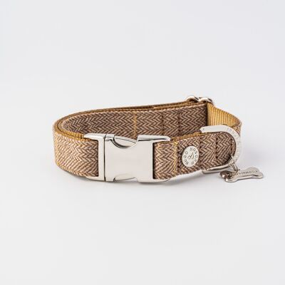 Tweed Metal Buckle Dog Collar - Caramel Checked Herringbone