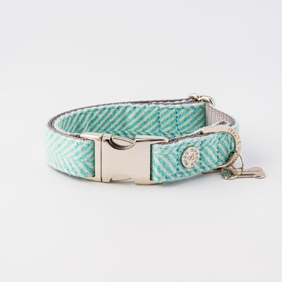 Tweed-Hundehalsband mit Metallschnalle - Aqua Herringbone