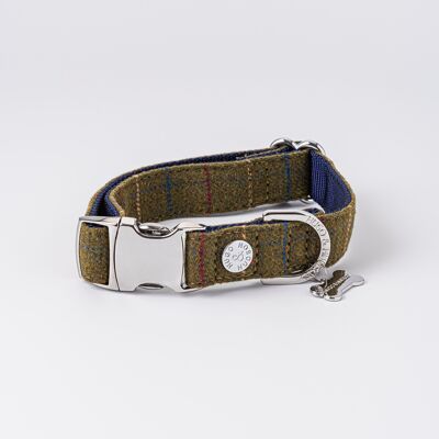 Tweed Metal Buckle Dog Collar - Dark Green Checked