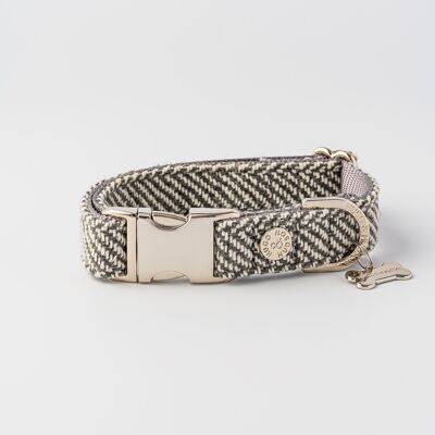 Tweed Metal Buckle Dog Collar - Grey Herringbone