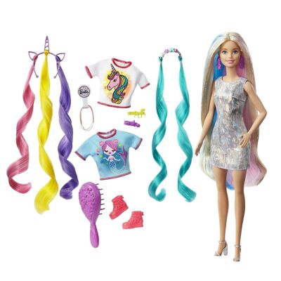 Barbie dai capelli fantastici con look da sirena e unicorno