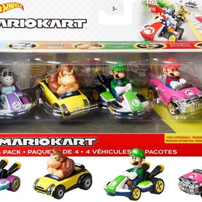 Hot Wheels-Surtido Set 4 Mario Kart Vehículos