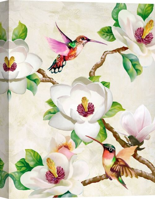 Quadro moderno floreale, stampa su tela: Terry Wang, Fiori di magnolia e colibrì