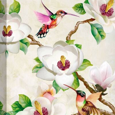 Modern floral painting, canvas print: Terry Wang, Magnolia flowers and hummingbirds